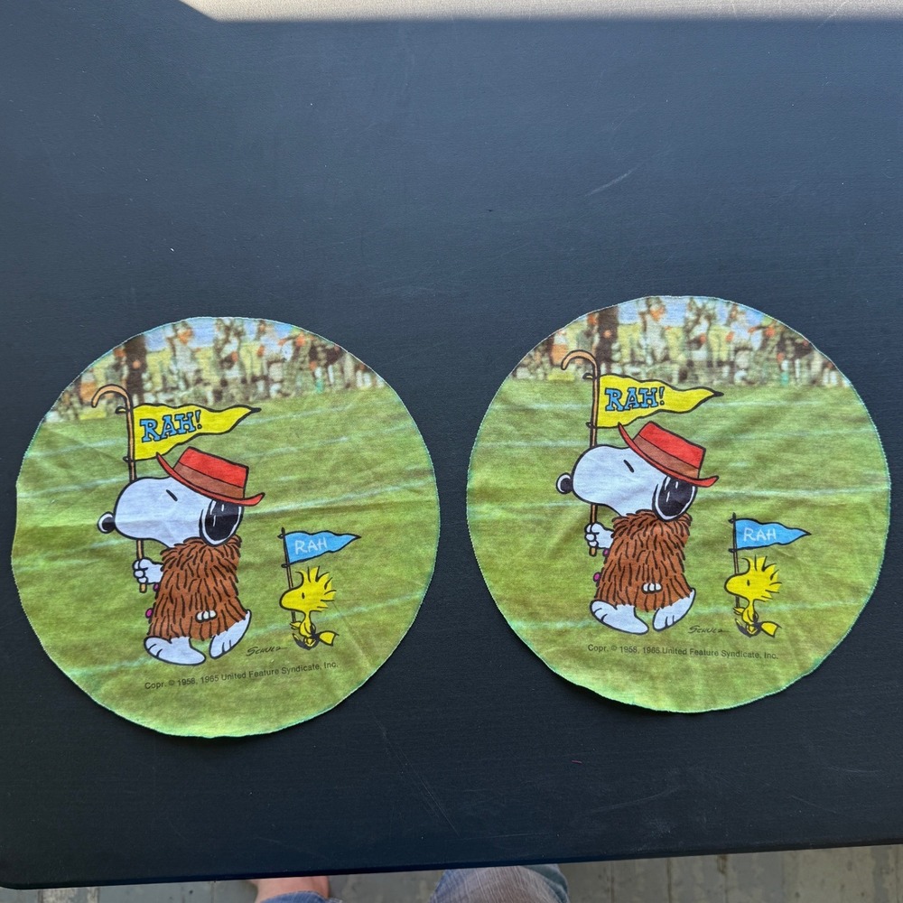 Vintage Peanuts Snoopy Woodstock Rah Rah Fabric Rounds 2pc Set 1965 UFS 11in